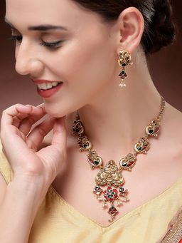 Karatcart - Traditional Laxmi Mata Gold Plated Minakari Temple Necklace With Earrings