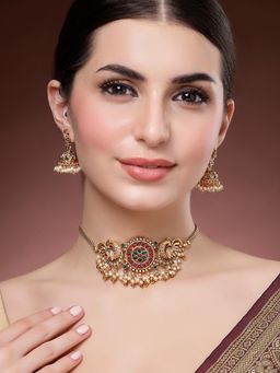 Karatcart - Gold Plated Round Chakra and Peacock Design Red Choker Temple Necklace With Earrings