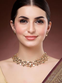 Karatcart - Green Stone Gold Plated Laxmi Mata Coin and Shell Design Necklace With Earrings