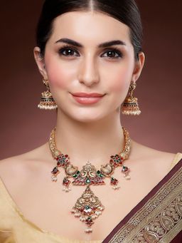 Karatcart - Gold Plated Engraved Laxmi Mata and Peacock Necklace With Earrings