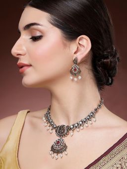 Karatcart - Antique Gold Plated Red Stone Temple Necklace With Earrings