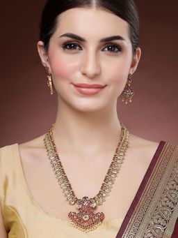 Karatcart - Gold Plated Red Stone Rani Haar Temple Necklace With Earrings