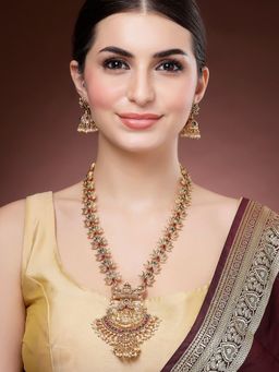 Karatcart - Gold Plated Laxmi Mata Engraved Lotus Design Long Temple Necklace With Earrings