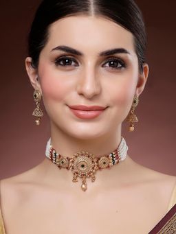 Karatcart - Designer Gold Finish Temple Style Necklace With Earrings