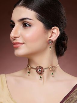 Karatcart - Elegant Gold Plated Red and Green Floral Design Choker Necklace With Earrings