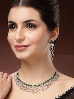 Karatcart - Silver Plated Green American Diamond Leaf Necklace With Earrings