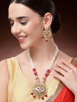 Karatcart - Gold Plated Red Beads Studded Kundan Rani Haar Necklace With Earrings