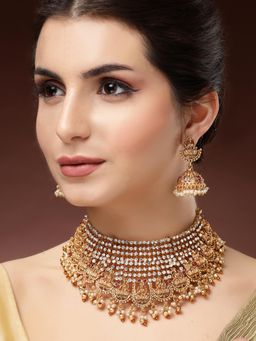 Karatcart - Gold Plated Laxmi Mata Stone Studded Choker Temple Necklace With Earrings