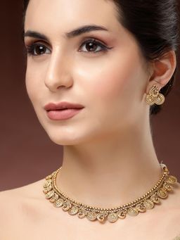 Karatcart - Gold Plated Laxmi Mata and Peacock Coin Temple Necklace With Earrings