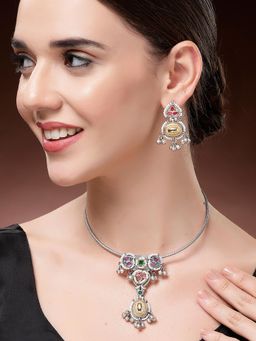 Karatcart - Oxidised Silver and Gold Plated Stone Studded Hasli Necklace With Earrings