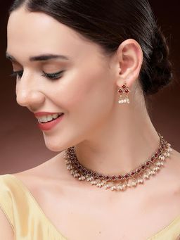 Karatcart - Gold Plated Red Stone Studded Kundan Necklace With Earrings