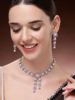 Karatcart - Pink Traditional American Diamond Necklace With Earrings