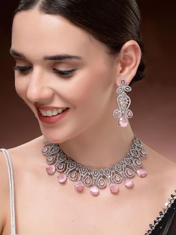 Karatcart - Traditional Royal Design Pink American Diamond Necklace With Earrings