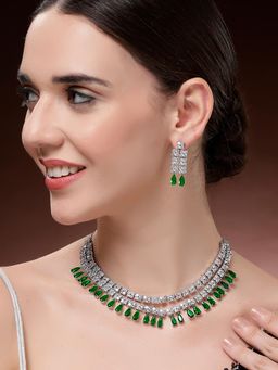 Karatcart - Sparkling Silver Plated Green Drop American Diamond Necklace With Earrings