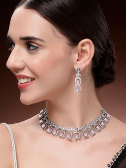 Karatcart - Dazzling Silver Plated Pink Square American Diamond Necklace With Earrings
