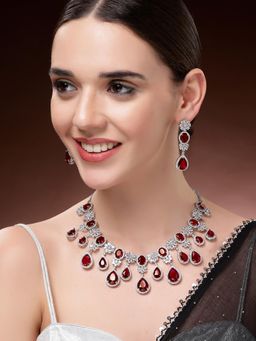 Karatcart - Dazzling Silver Plated Red Drop American Diamond Necklace With Earrings