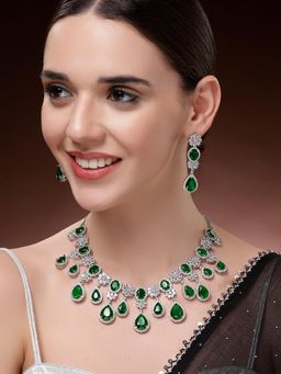 Karatcart - Dazzling Silver Plated Green Drop American Diamond Necklace With Earrings