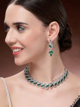 Karatcart - Sparkling Green Drop American Diamond Silver Plated Necklace With Earrings