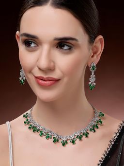 Karatcart - Sparkling Green Floral American Diamond Silver Plated Necklace With Earrings