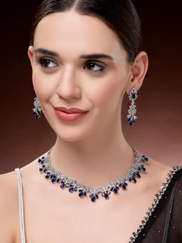 Karatcart - Sparkling Blue Floral American Diamond Silver Plated Necklace With Earrings