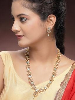 Karatcart - Traditional Gold-Plated Lime Green American Diamond Rani Haar Necklace With Earrings
