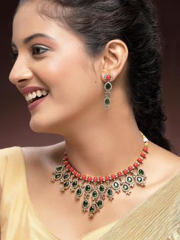 Karatcart - Traditional Gold-Plated Red and Green Stones Necklace With Earrings