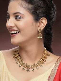 Karatcart - Traditional Gold-Plated Green Stones Laxmi Mata Temple Necklace With Earrings