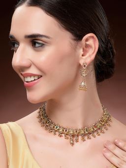 Karatcart - Traditional Red and Green Stone Laxmi Mata Temple Necklace With Earrings