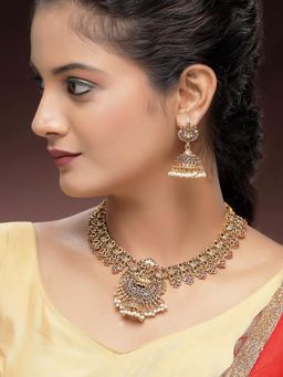 Karatcart - Traditional Gold-Plated Laxmi Mata and Peacock Temple Necklace With Earrings