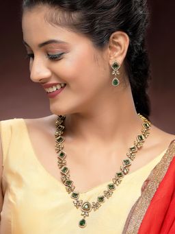 Karatcart - Traditional Gold-Plated Green American Diamond Rani Haar Necklace With Earrings