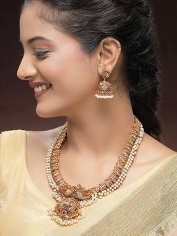 Karatcart - Gold-Plated Pearl-Embellished Goddess Laxmi Temple Necklace With Earrings