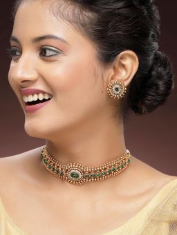 Karatcart - Elegant Gold-Plated Green Oval Stone Choker Necklace With Earrings