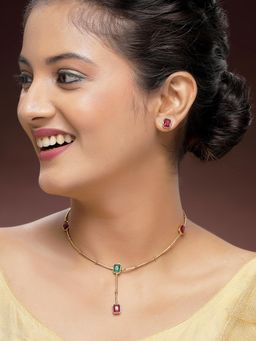 Karatcart - Minimalist Gold-Plated Red and Green Stone Necklace With Earrings