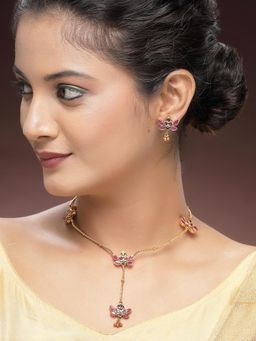 Karatcart - Minimalist Gold-Plated Red and Green Stone Lotus Design Necklace With Earrings