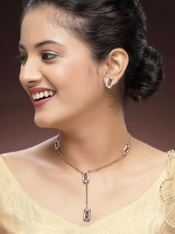 Karatcart - Minimalist Gold-Plated Red and Green Stone Necklace With Earrings