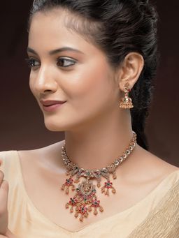 Karatcart - Traditional Gold-Plated Goddess Laxmi Mata Temple Necklace With Earrings