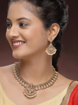 Karatcart - Traditional Gold-Plated South Indian Laxmi Mata Motif Temple Necklace With Earrings