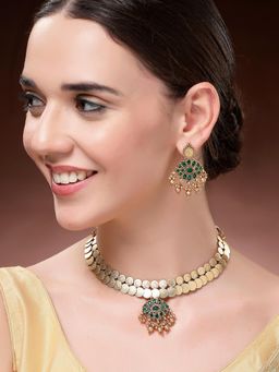 Karatcart - Elegant Green Stone Laxmi Mata Printed Coin Design Temple Necklace With Earrings