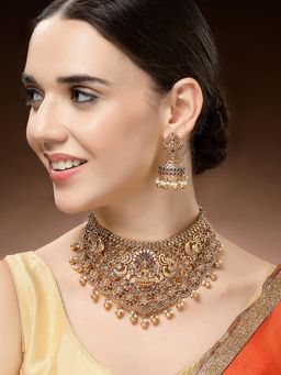 Karatcart - Elegant Laxmi Mata and Peacock Design Choker Temple Necklace With Earrings