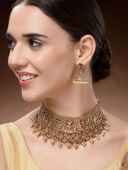 Karatcart - Classic Laxmi Mata and Peacock Design Choker Temple Necklace With Earrings