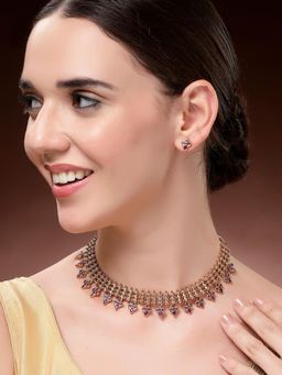 Karatcart - Red Stone Floral Jali Design Classic Necklace With Earrings