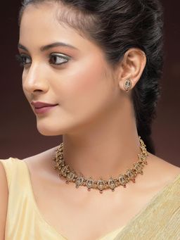 Karatcart - Traditional Gold-Plated Laxmi Mata Coin Temple Necklace With Earrings