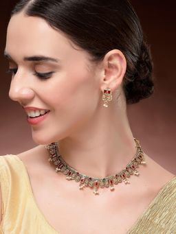 Karatcart - Gold Plated Red Stone Floral Design Temple Jewellery Necklace With Earrings