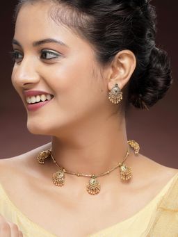 Karatcart - Traditional Gold-Plated Green Stone Round Chakra Temple Necklace With Earrings