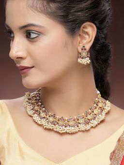 Karatcart - Gold-Plated South Indian Laxmi Mata Coin Temple Necklace With Earrings