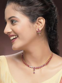 Karatcart - Elegant Gold-Plated Red Oval American Diamond Necklace With Earrings