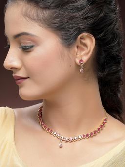 Karatcart - Elegant Gold-Plated Red Drop American Diamond Necklace With Earrings