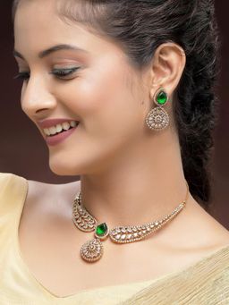 Karatcart - Traditional Gold-Plated Green American Diamond Necklace With Earrings