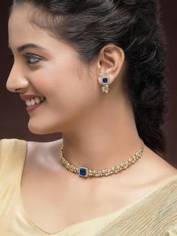 Karatcart - Designer Floral Vine Design Blue American Diamond Necklace With Earrings