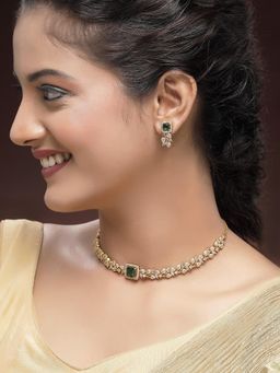 Karatcart - Designer Floral Vine Design Green American Diamond Necklace With Earrings
